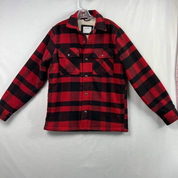 Old Navy Shirt Jacket Mens Small Shacket Red Black Plaid Sherpa Lined Outdoor - Picture 1 of 16